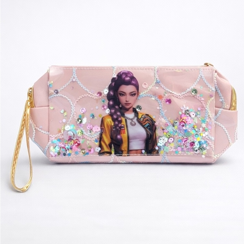 Kpop Pink Sequin Wristlet Cosmetic Bag Glitter Makeup Pouch New